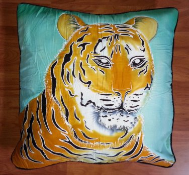 New Handpainted Batik Tiger 23X23 Inch Cotton Pillow Cover Bali