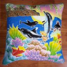 New Handpainted Batik Dolphins Coral 23X23 Inch Cotton Pillow Cover Bali