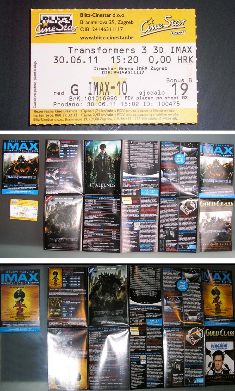 Transformers 3 Dark of the Moon Croatian IMAX movie program + ticket stub