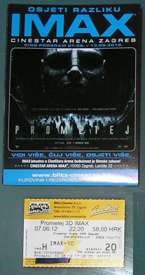 Movie PROGRAM + TICKET stub Croatia, Prometheus (Alien prequel) promo Charlize Theron