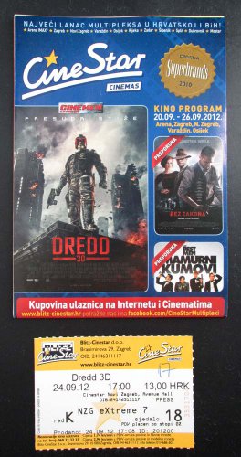 MOVIE PROGRAM + TICKET stub Croatia, Dredd 3D, Karl Urban, promo
