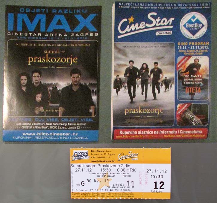 Croatian IMAX movie PROGRAM + TICKET stub + PRESS Photo promo Twilight: Breaking Dawn part 2 II