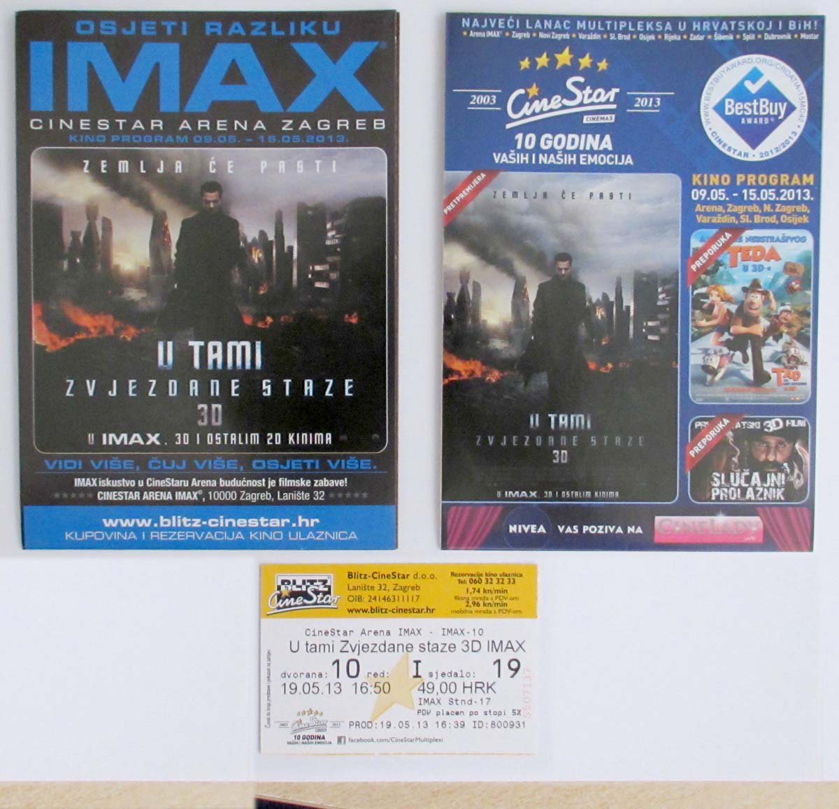 2 Movie PROGRAM + TICKET stub Croatia, Star Trek Into Darkness, IMAX promo