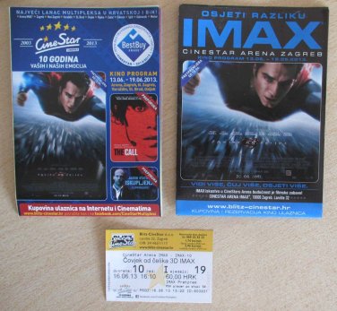 MOVIE PROGRAM + TICKET stub IMAX Croatia, Man of Steel Superman Henry Cavill, promo