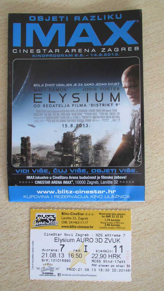 MOVIE PROGRAM + Auro 3D TICKET stub Croatia, Elysium, Matt Damon, promo