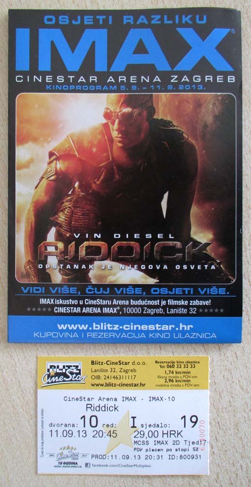 2 MOVIE PROGRAMS + TICKET stub Croatia, Riddick, Vin Diesel, promo
