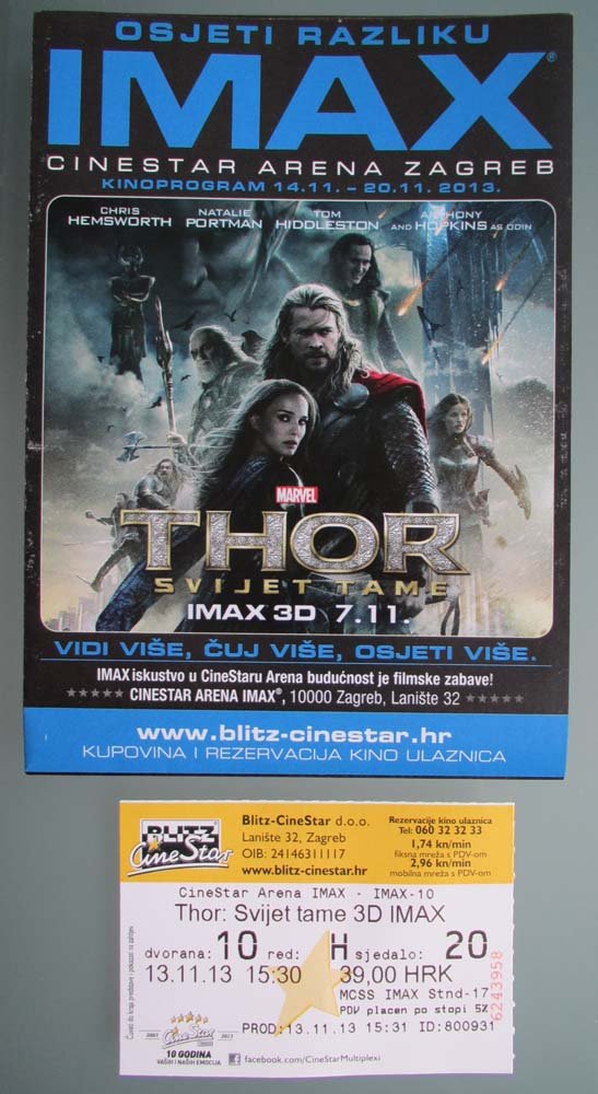 MOVIE PROGRAM + TICKET stub Croatia, Thor the Dark World, Chris Hemsworth, Natalie Portman promo