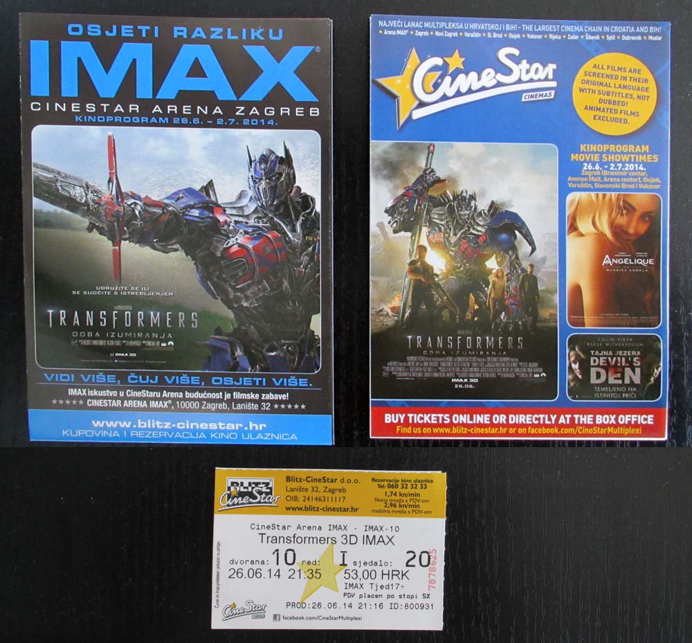 MOVIE PROGRAM + TICKET stub Croatia, Transformers age of extinction promo