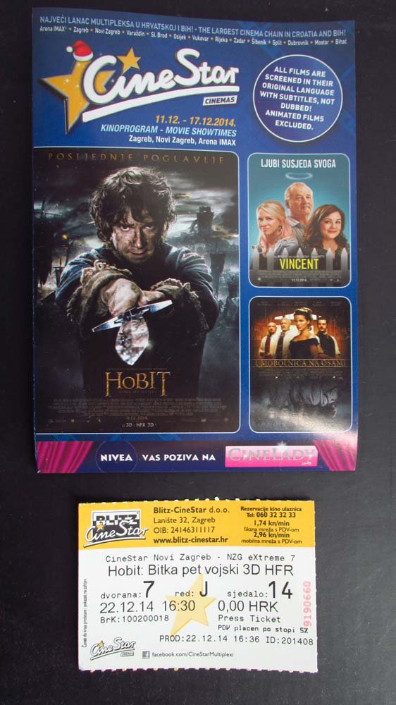 Croatian movie PROGRAM + TICKET stub promo The Hobbit The Battle of the Five Armies