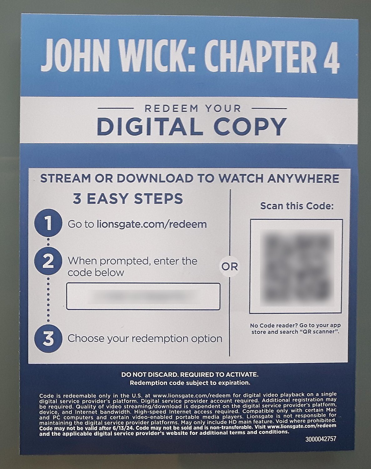 Digital HD copy ONLY John Wick Chapter 4, No discs, No case, Keanu Reeves