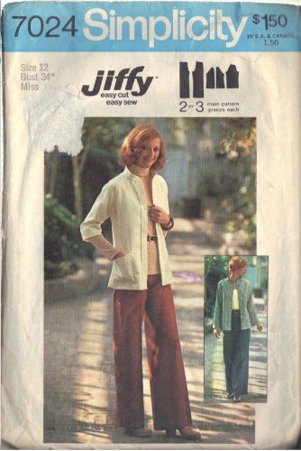 SIMPLICITY PATTERN 7024 SIZE 12 DATED 1975, MISSES' JACKET, PANTS