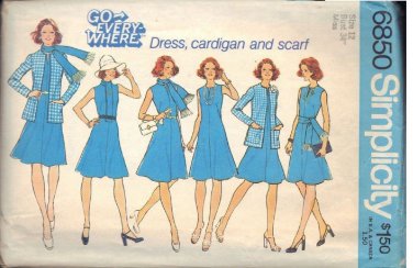 SIMPLICITY PATTERN 6850 SZ 12 dated 1974 MISSES' DRESS, CARDIGAN & SCARF