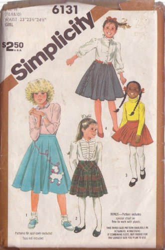 SIMPLICITY PATTERN 6131 SIZES 7-8-10 GIRLS' SKIRTS IN 3 LENGTHS POODLE APPLIQUE.