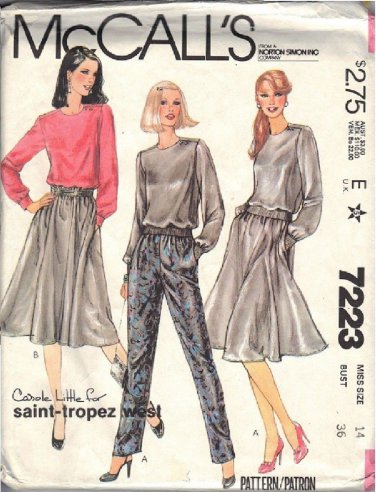 McCALL'S 7223 DATED 1980 SZ 14 MISSES' TOP, SKIRT, PANTS UNCUT CAROLE LITTLE