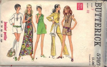 BUTTERICK PATTERN 5707 JR PETITE MINI OR MAXI DRESS, PANTDRESS, PANTS SIZE 7JP