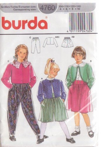 BURDA PRINTED PATTERN 4760 GIRL'S JACKET, SKIRT, PANTS SIZES 4/6/8/10 UNCUT