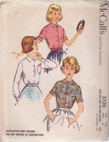 McCALL'S VINTAGE PATTERN 5120 SIZE 12S GIRLS' BLOUSES IN 3 VARIATIONS UNCUT