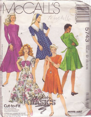 McCALL'S PATTERN 5743 SIZE 12/14 MISSES' DRESS 2 LENGTHS, 5 VARIATIONS