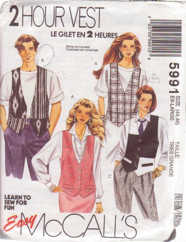 McCALL'S PATTERN 5991 SIZES XL 44/46 MISSES' OR MEN'S VEST IN 3 VARIATIONS