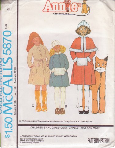 McCALL'S PATTERN 5870 SIZE 4 ANNIE'S GIRLS' COAT, CAPLET, HAT, MUFF UNCUT