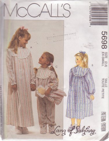 McCALL'S PATTERN 5698 SIZE XS 2/4 GIRLS' NIGHTGOWN, PAJAMAS, BOOTIES, DOLL