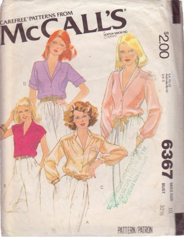 McCALL'S PATTERN 6367 SIZE 10 MISSES' BLOUSES IN 4 VARIATIONS