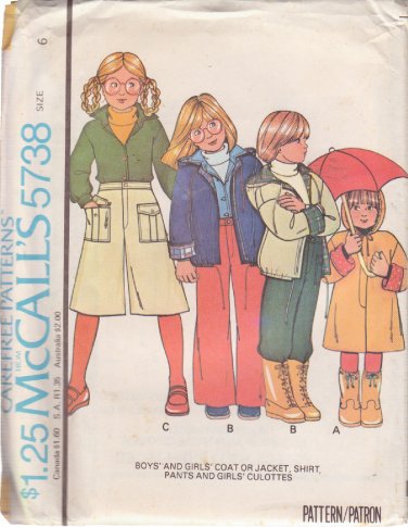 McCALL'S PATTERN 5738 SZ 6 CHILD'S COAT OR JACKET, SHIRT, PANTS, CULOTTES UNCUT