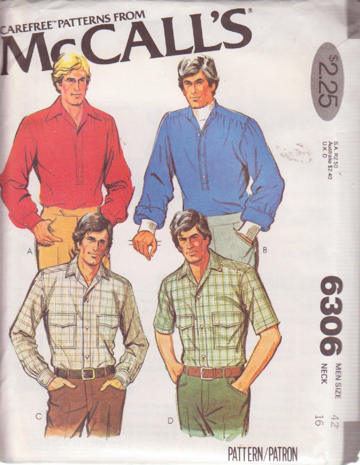 McCALL'S PATTERN 6306 SIZE 42 MEN'S SHIRT IN 4 VARIATIONS UNCUT