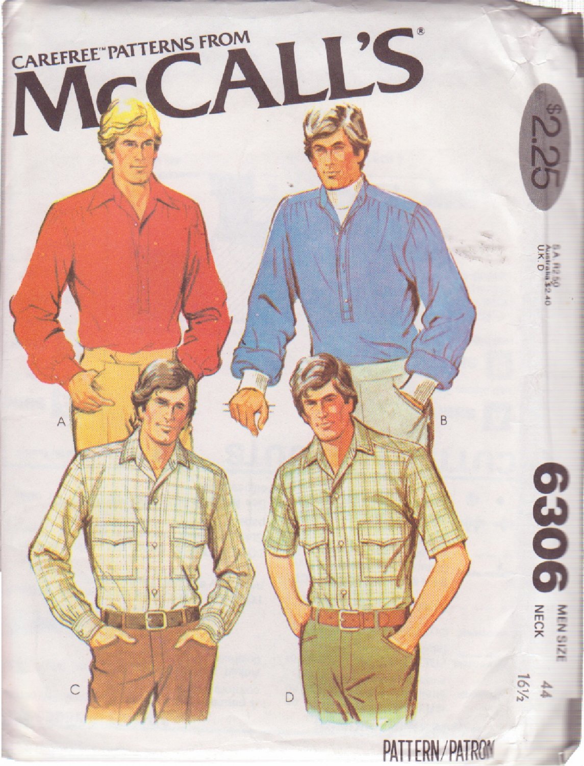 McCALL'S PATTERN 6306 SIZE 44 MEN'S SHIRT IN 4 VARIATIONS UNCUT