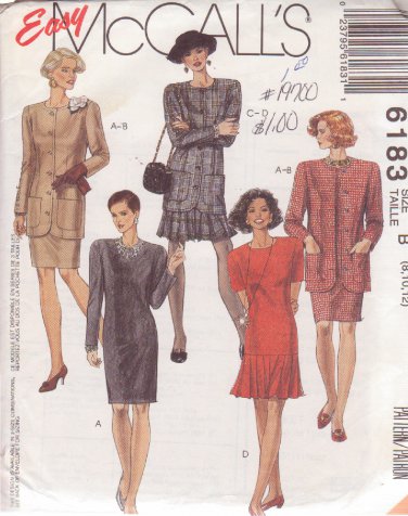 McCALL'S PATTERN 6183 SIZES 8/10/12 MISSES' JACKET & DRESSES IN 4 VARIATIONS