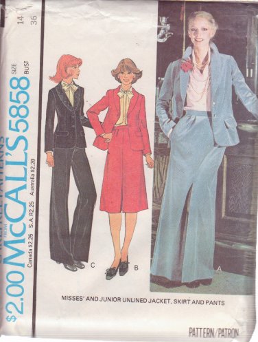 McCALL'S PATTERN 5858 SIZE 14 MISSES' JACKET, SKIRT AND PANTS