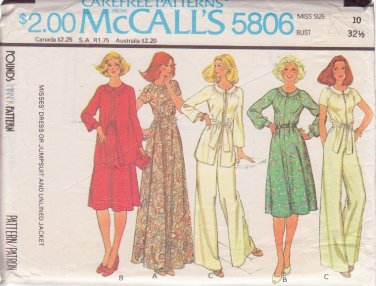 McCALL'S PATTERN 5806 SIZE 10 MISSES' DRESS OR JUMPSUIT, UNLINED JACKET