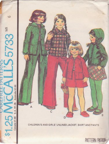 McCALL'S VINTAGE PATTERN 5733 SIZE 6 GIRLS' UNLINED JACKET HOOD SKIRT PANTS