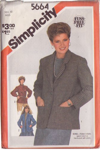 SIMPLICITY VINTAGE PATTERN 5664 SZ 10 MISSES' UNLINED JACKET 3 VARIATIONS UNCUT