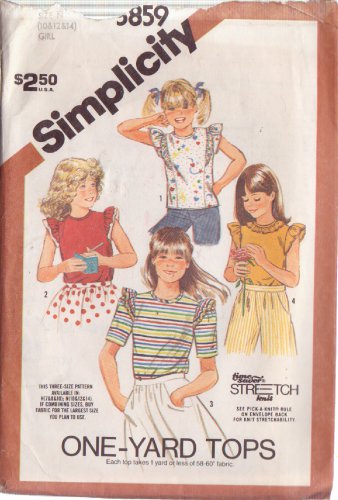 SIMPLICITY VINTAGE PATTERN 5859 SIZE 10/12/14 GIRL'S ONE YARD TOPS 4 VARIATIONS