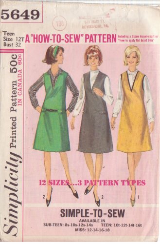 SIMPLICITY VINTAGE PATTERN 5649 SZ 12T TEEN JUMPER IN 3 VARIATIONS