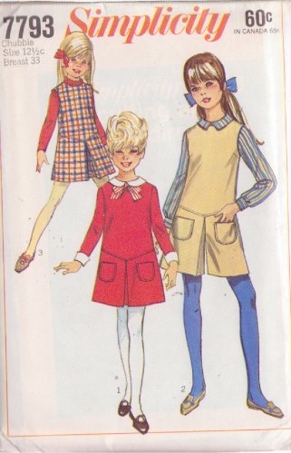 SIMPLICITY PATTERN 7793 SIZE CHUBBIE 12 1/2 GIRLS' DRESS, JUMPER, PANTJUMPER, COLLAR, CUFFS UNCUT