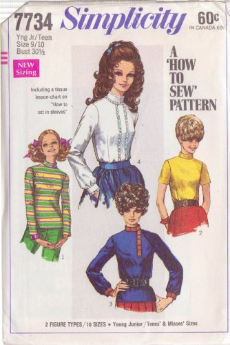 SIMPLICITY VINTAGE PATTERN 7734 SIZE 9/10 JR/TEEN BLOUSES 4 VARIATIONS UNCUT