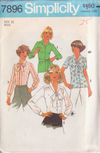 SIMPLICITY VINTAGE PATTERN 7896 SIZE 12 MISSES' BLOUSES IN 3 VARIATIONS UNCUT