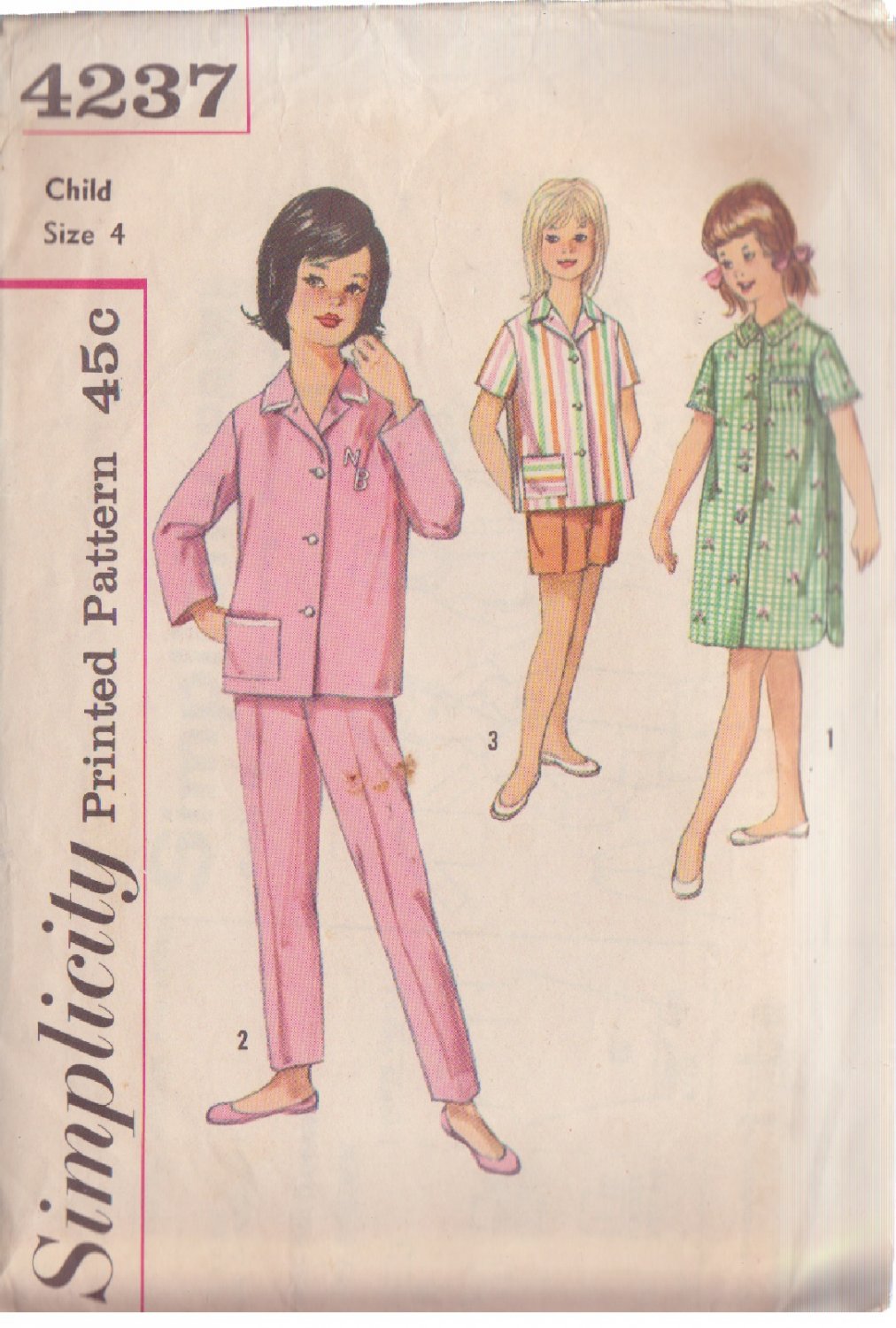 SIMPLICITY 4237 PATTERN SIZE 4 CHILD'S PAJAMAS AND NIGHTSHIRT