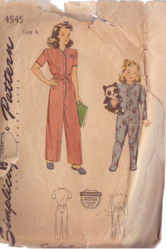 SIMPLICITY UNPRINTED VINTAGE 40'S PATTERN 4545 SIZE 4 CHILD'S 1 PIECE PAJAMAS