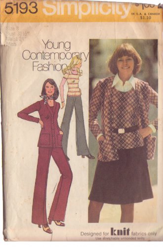 SIMPLICITY 1972 VINTAGE 5193 SZ 8 MISSES' PULLOVER TOP SKIRT PANTS JACKET