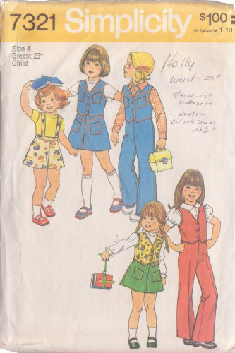 SIMPLICITY PATTERN 7321 SIZE 4 CHILD VEST, SKIRT, PANTS, DETACHABLE SUSPENDERS
