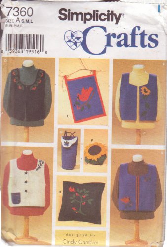 SIMPLICITY PTRN 7360 SZ S-L FELT VEST PILLOW PIN CUSHION EYEGLASS CASE, W/APLQ