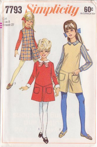SIMPLICITY VINTAGE 1968 PATTERN 7793 SIZE 8 GIRLS' DRESS,JUMPER, PANTJUMPER UNCUT