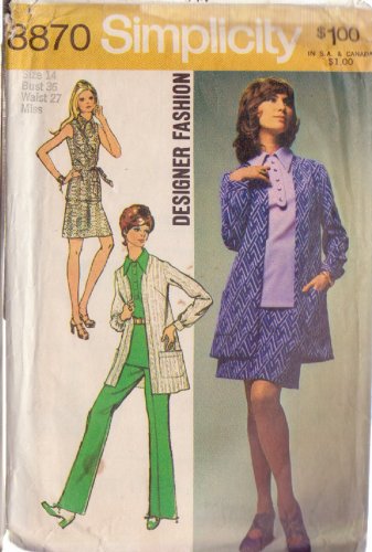 SIMPLICITY VINTAGE 1970 PATTERN 8870 SIZE 14 MINI SKIRT, PANTS, OVERBLOUSE JACKET