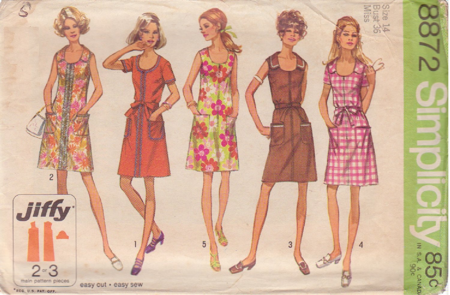 SIMPLICITY VINTAGE 1970 PATTERN 8872 SIZE 14 DRESS 5 VARIATIONS