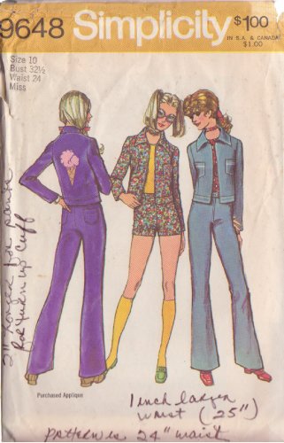 SIMPLICITY VINTAGE PATTERN 1971 9648 SIZE 10 MISSES' BELL BOTTOM PANTS, SHORTS, JACKET