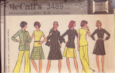 McCALL'S 3489 DATED 1973 SIZE 10 MISSES' DRESS SHIRT-JACKET TOP SKIRT PANTS