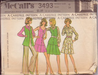 McCALL'S 3493 DATED 1973 SIZE 12 MISSES' VEST SHIRT SKIRT PANTS